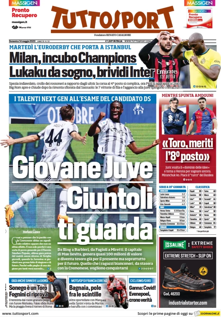 Prima pagina Tuttosport - 14 maggio 2023