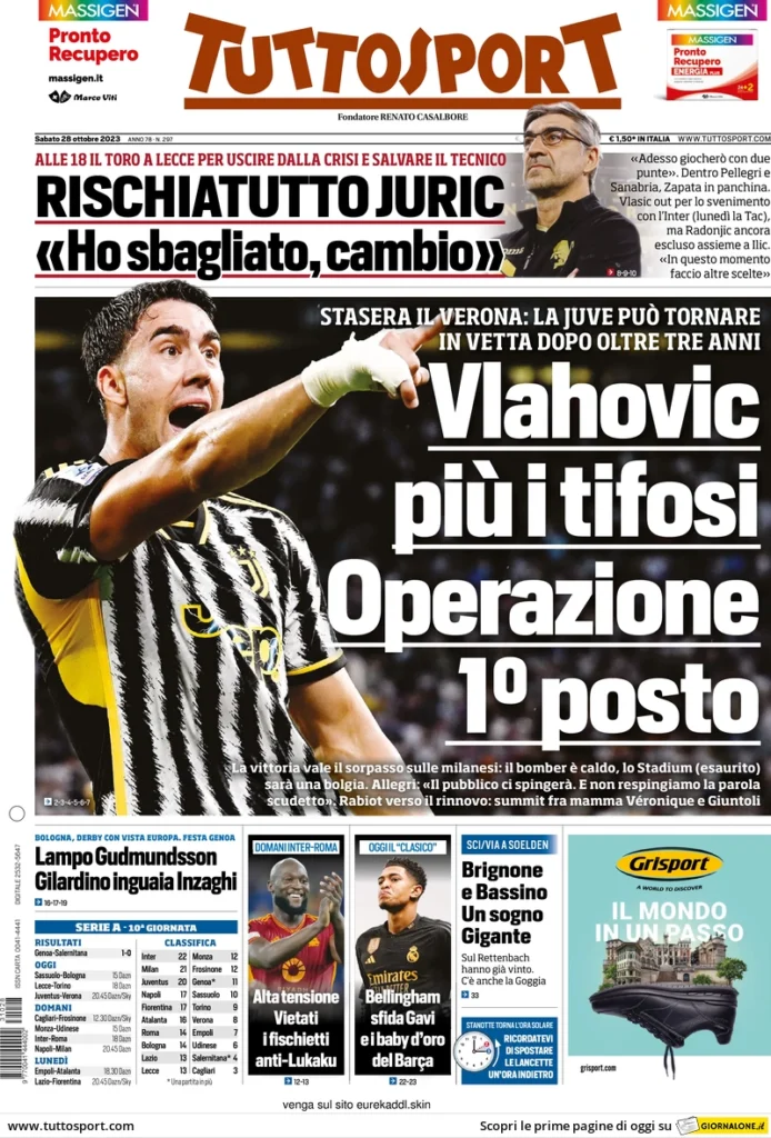 Prima pagina Tuttosport (28 ottobre 2023)