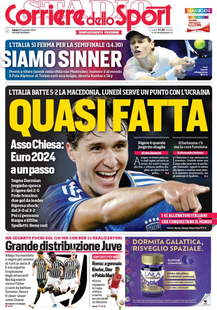 Prima pagina Corriere dello Sport 18 novembre 2023