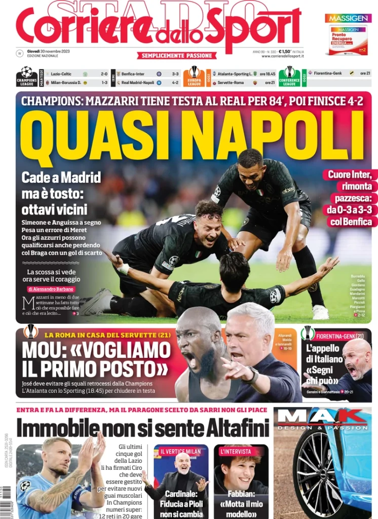 Prima pagina Corriere dello Sport 30 novembre 2023