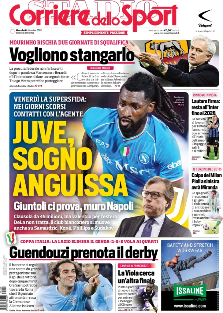 Prima pagina Corriere dello Sport 6 dicembre 2023