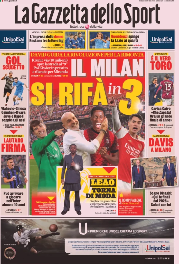 Prima pagina La Gazzetta dello Sport 6 dicembre 2023