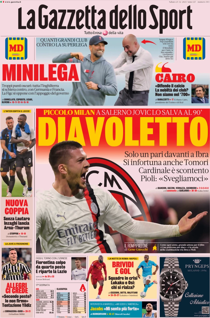Prima pagina La Gazzetta dello Sport (23 dicembre 2023)