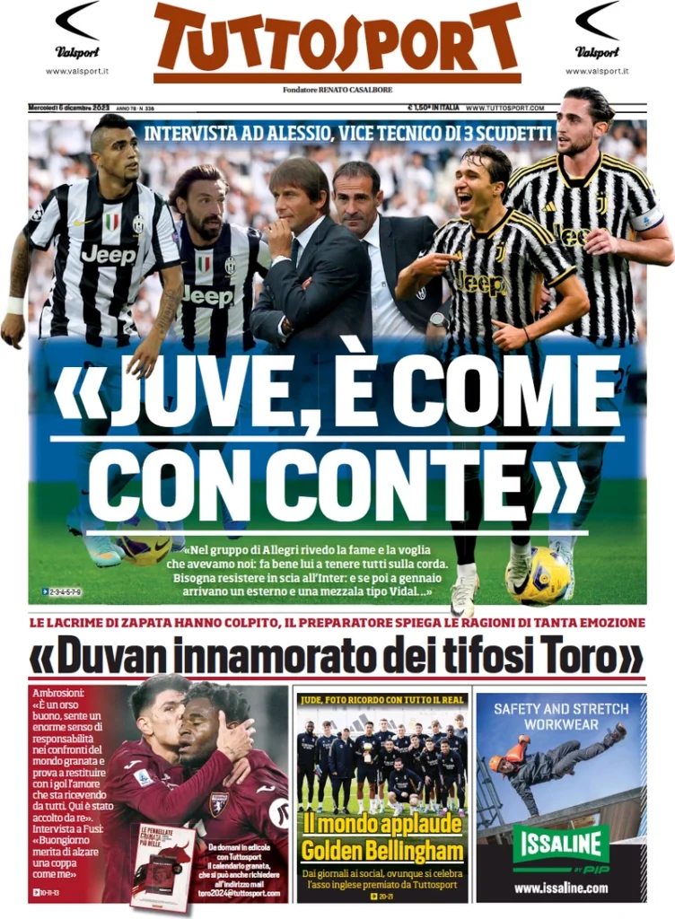Prima pagina Tuttosport 6 dicembre 2023