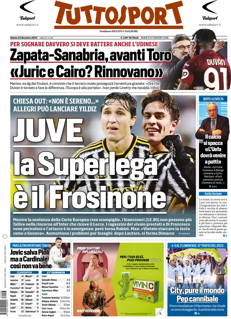 Prima pagina Tuttosport (23 dicembre 2023)