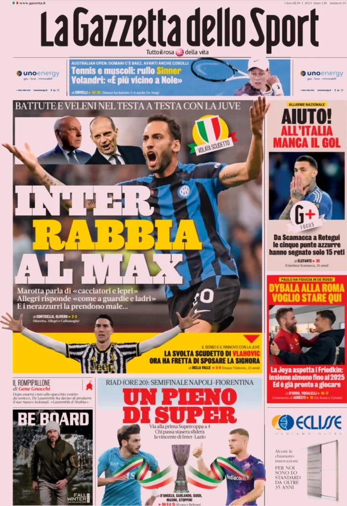Prima pagina La Gazzetta dello Sport 18 gennaio 2024