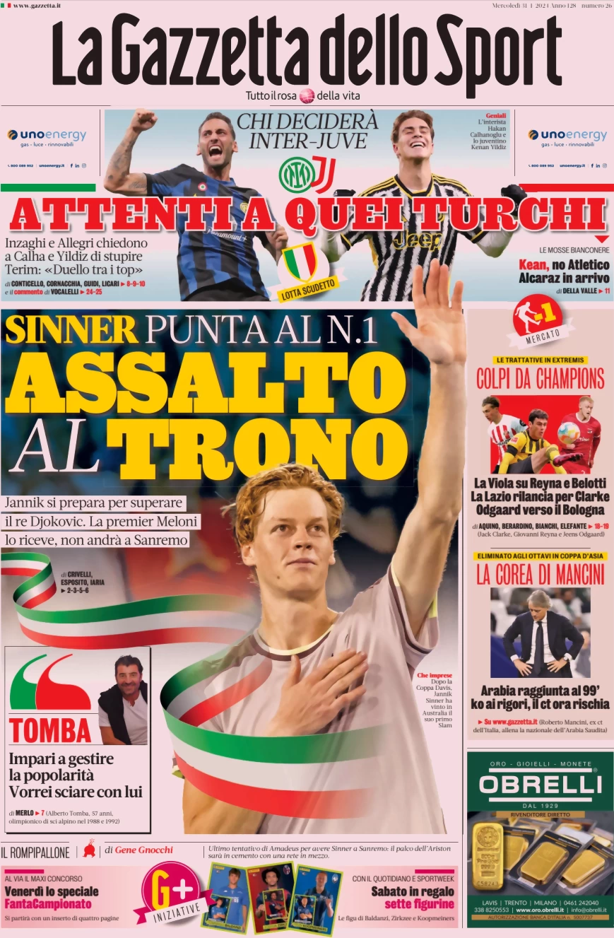 Prima pagina La Gazzetta dello Sport 31 gennaio 2024