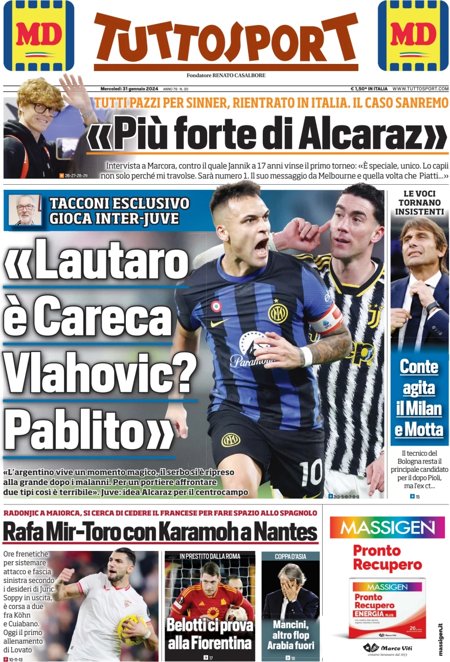 Prima pagina Tuttosport 31 gennaio 2024