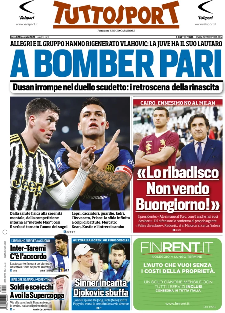 Prima pagina Tuttosport 18 gennaio 2024