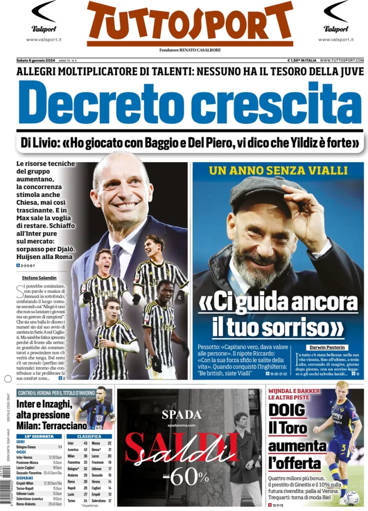 Prima pagina Tuttosport 6 gennaio 2024