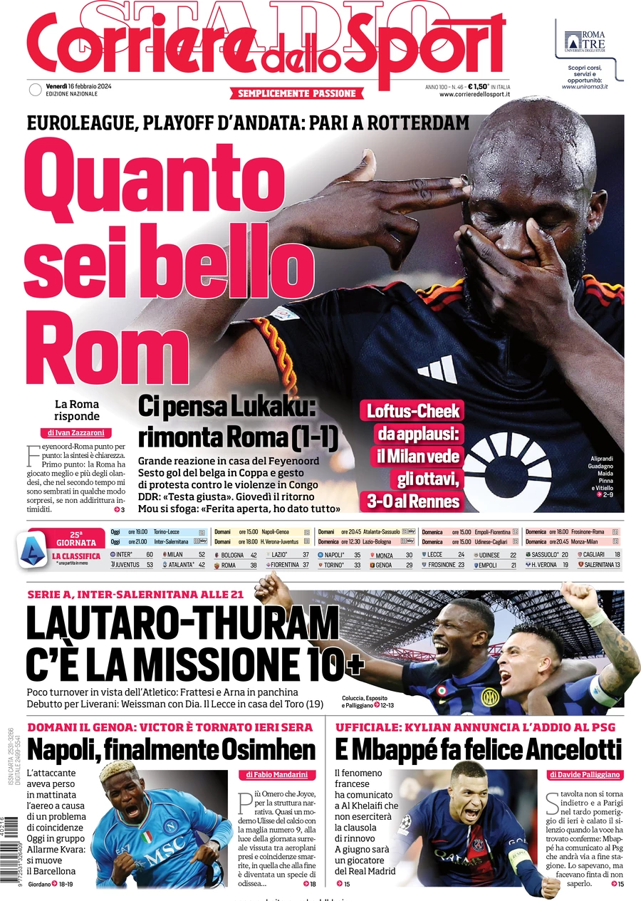 Prima pagina Corriere dello Sport 16 febbraio 2024