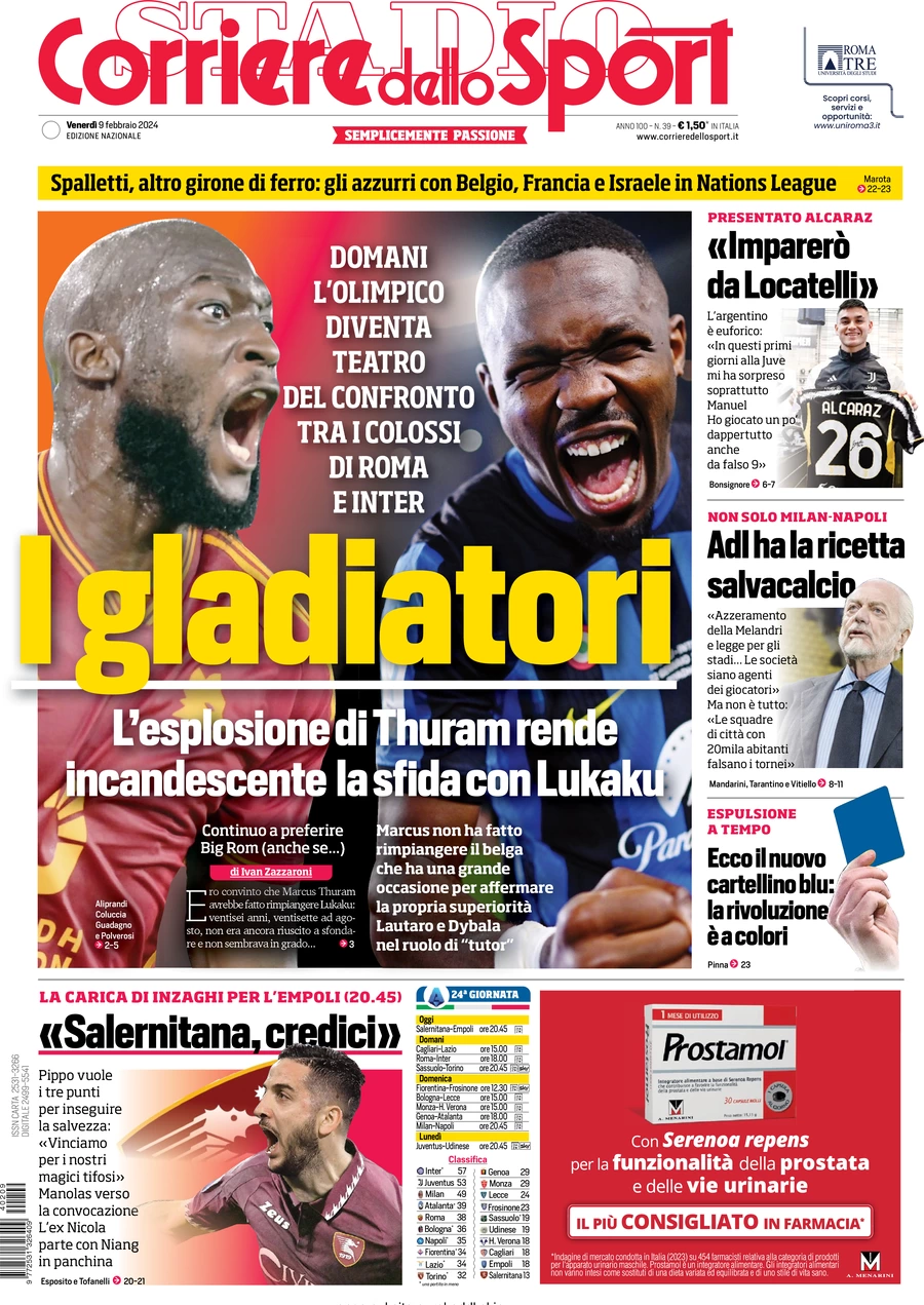 Prima pagina Corriere dello Sport 9 febbraio 2024