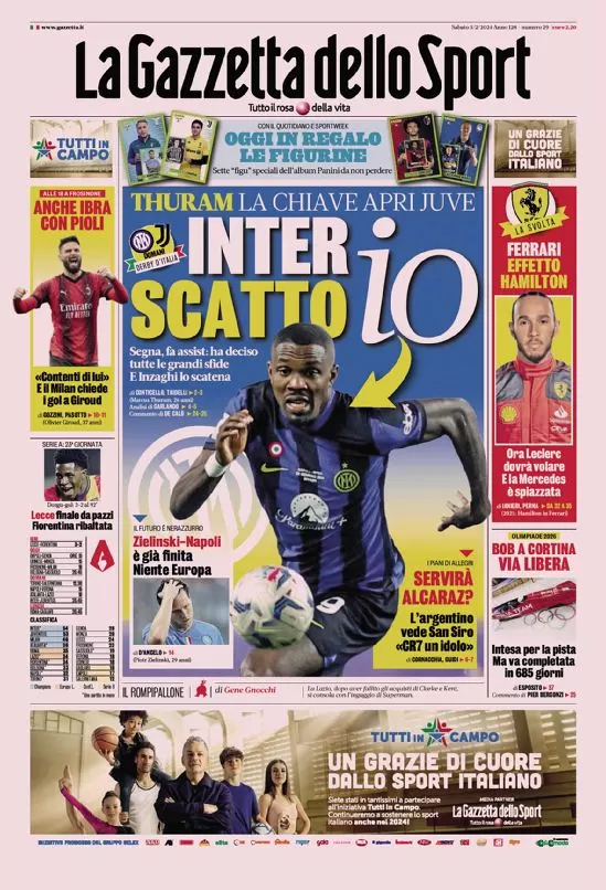 Prima pagina La Gazzetta dello Sport (3 febbraio 2024)