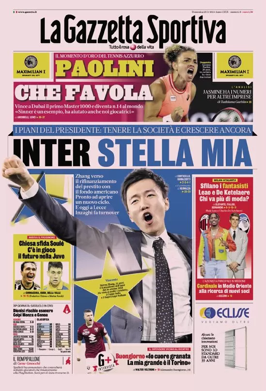 Prima pagina La Gazzetta dello Sport (25 febbraio 2024)