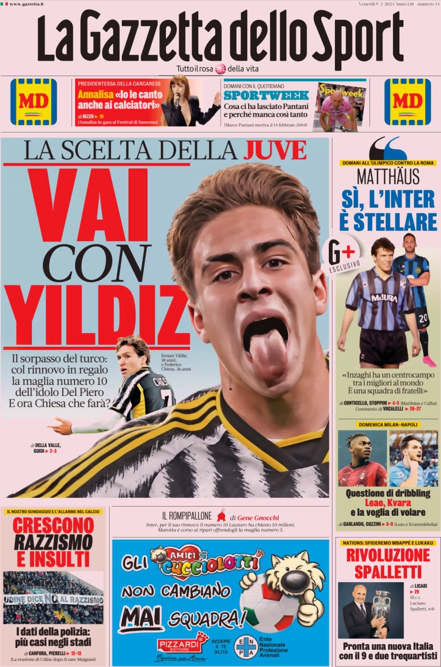 Prima pagina La Gazzetta dello Sport 9 febbraio 2024