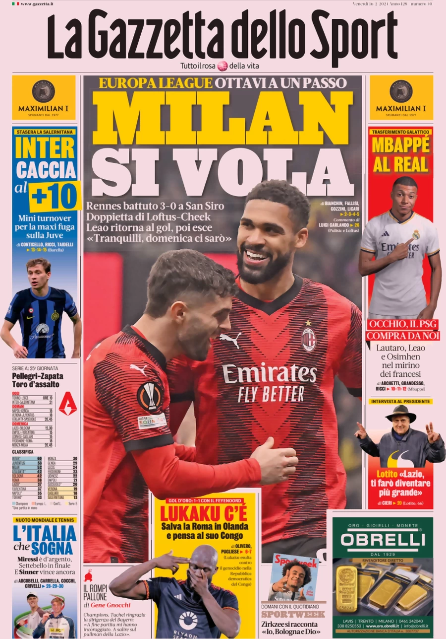 Prima pagina La Gazzetta dello Sport 16 febbraio 2024