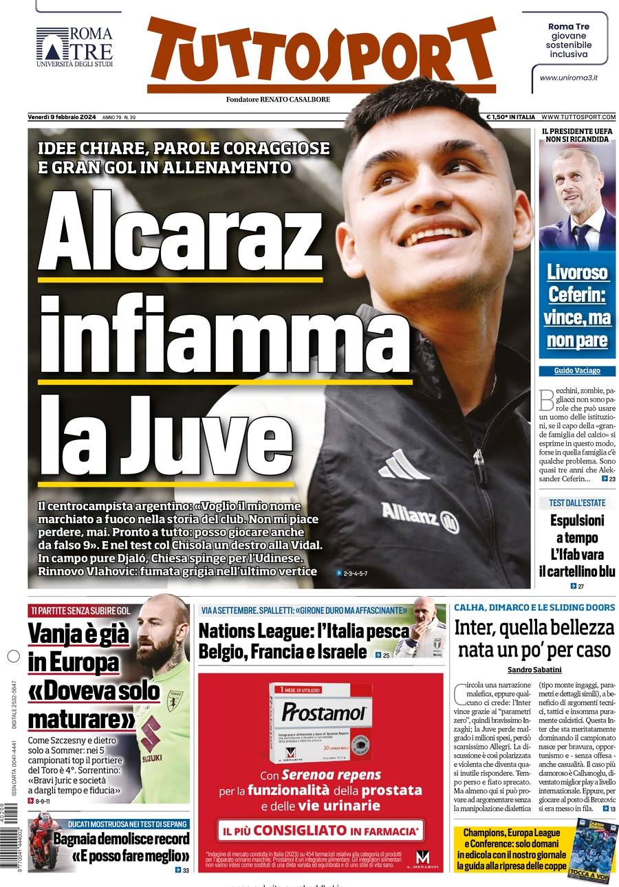 Prima pagina Tuttosport 9 febbraio 2024