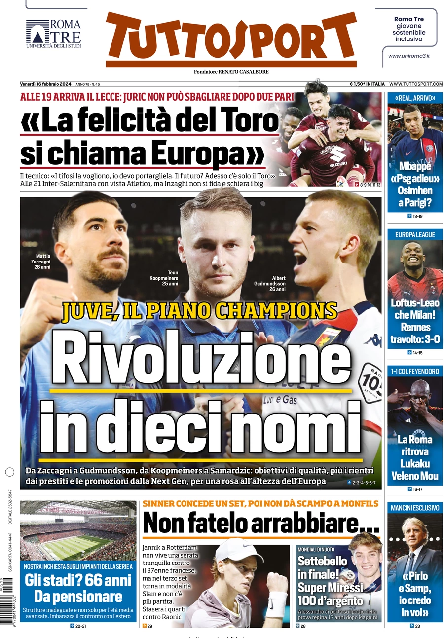 Prima pagina Tuttosport 16 febbraio 2024