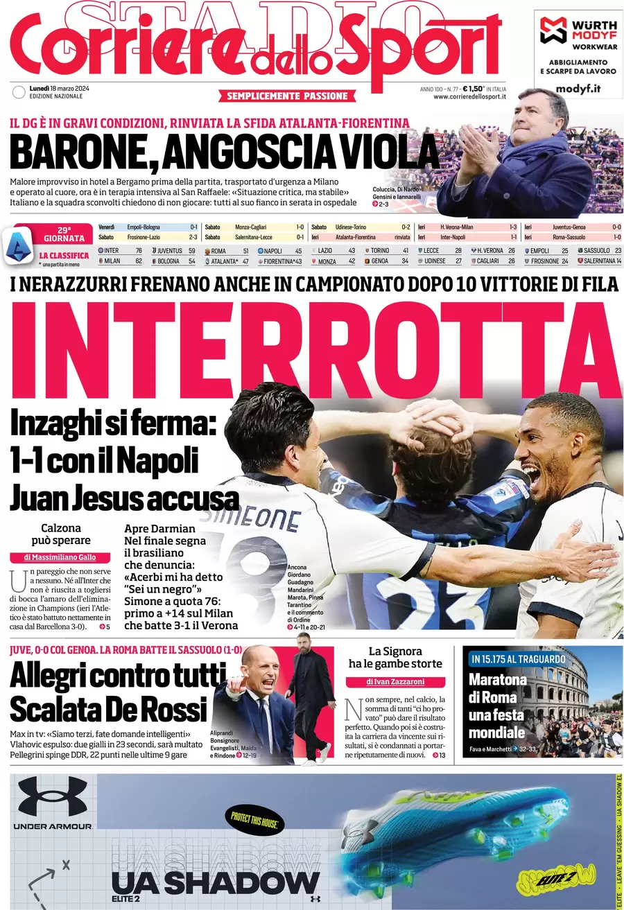 Prima pagina Corriere dello Sport 18 marzo 2024