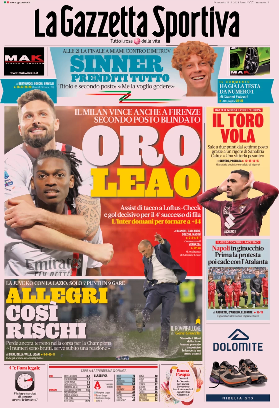 Prima pagina La Gazzetta dello Sport 31 marzo 2024