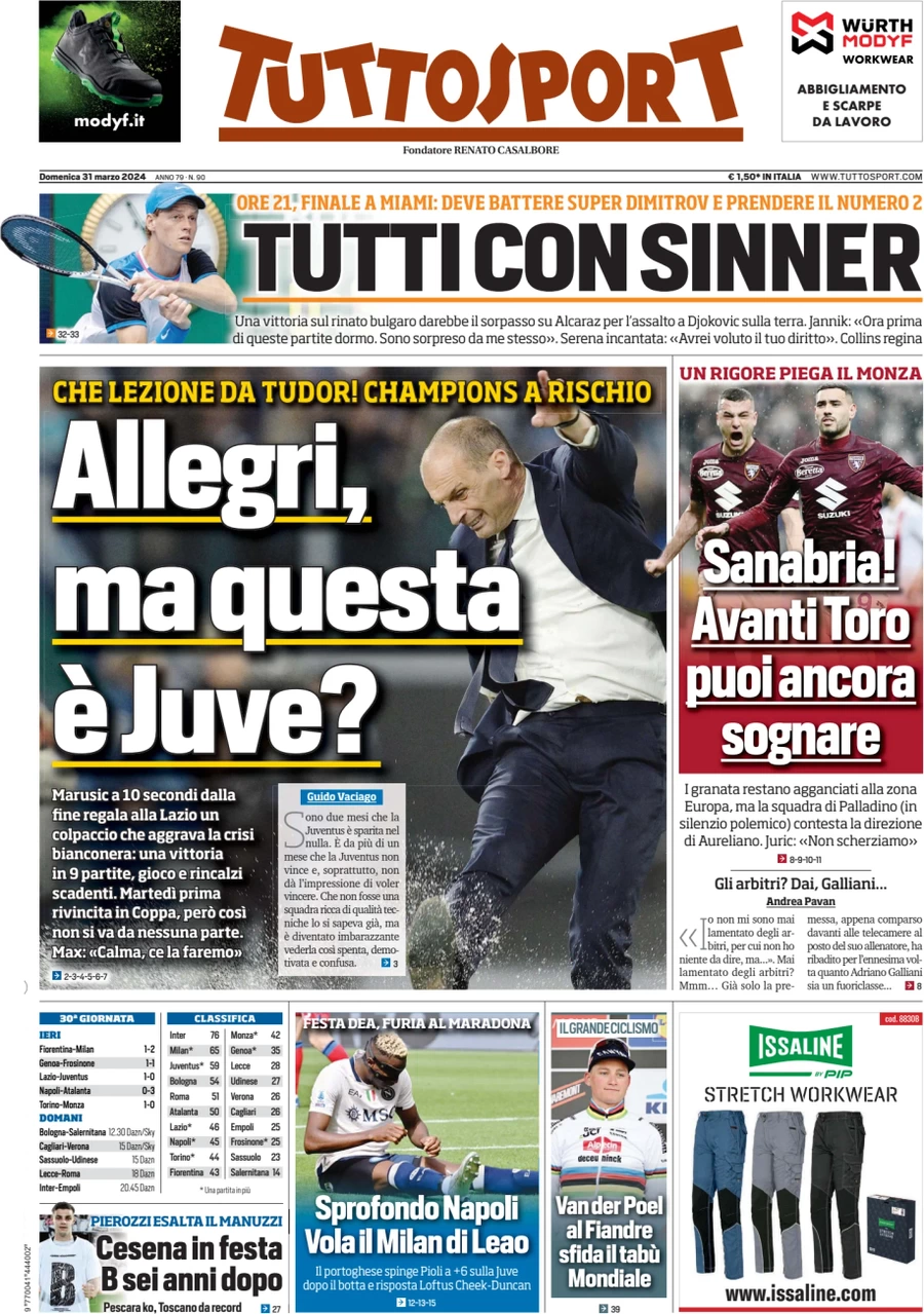 Prima pagina Tuttosport 31 marzo 2024