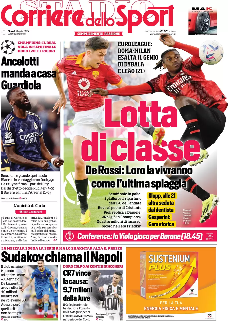 Prima pagina Corriere dello Sport 18 aprile 2024