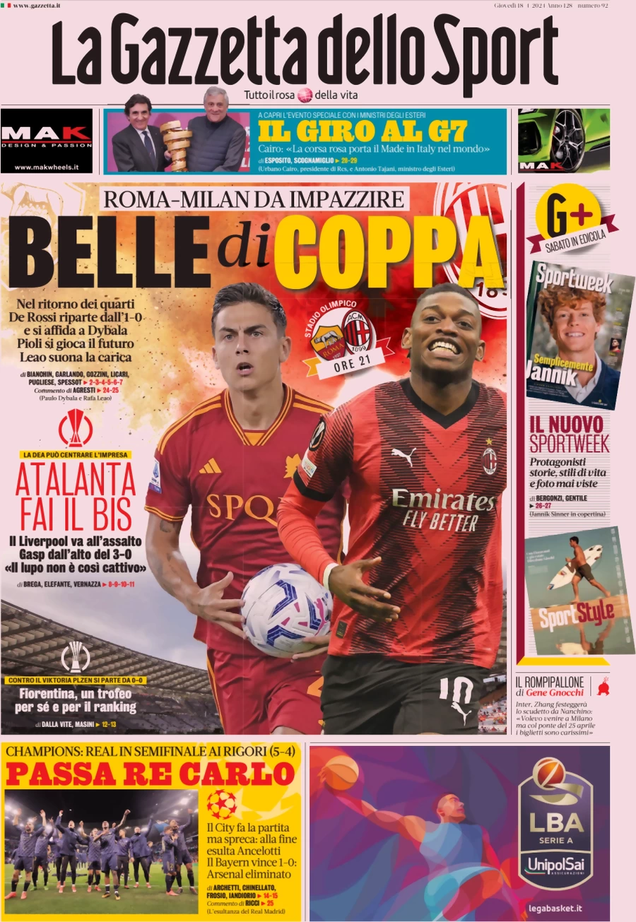 Prima pagina La Gazzetta dello Sport 18 aprile 2024