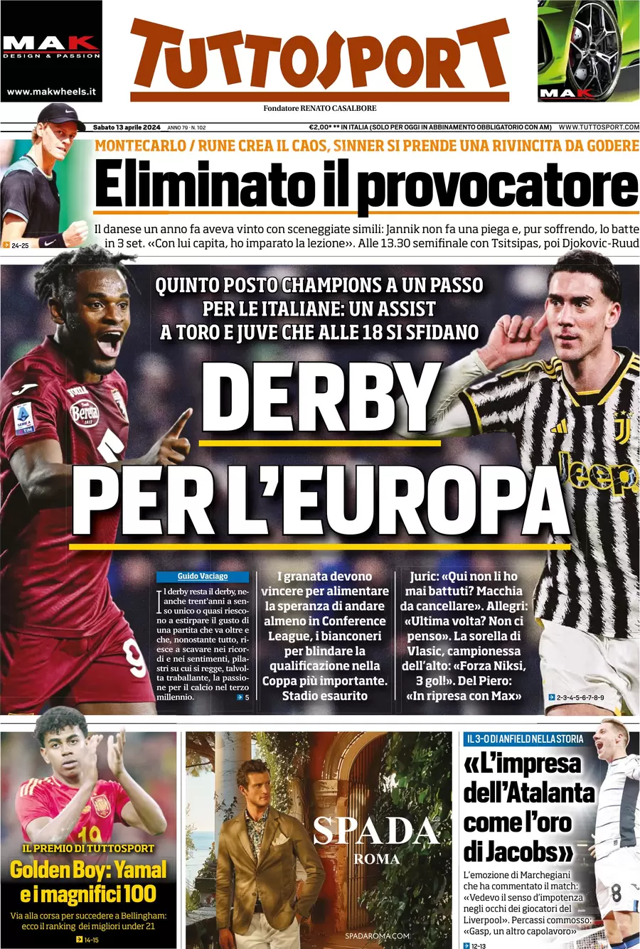 Prima pagina Tuttosport 13 aprile 2024