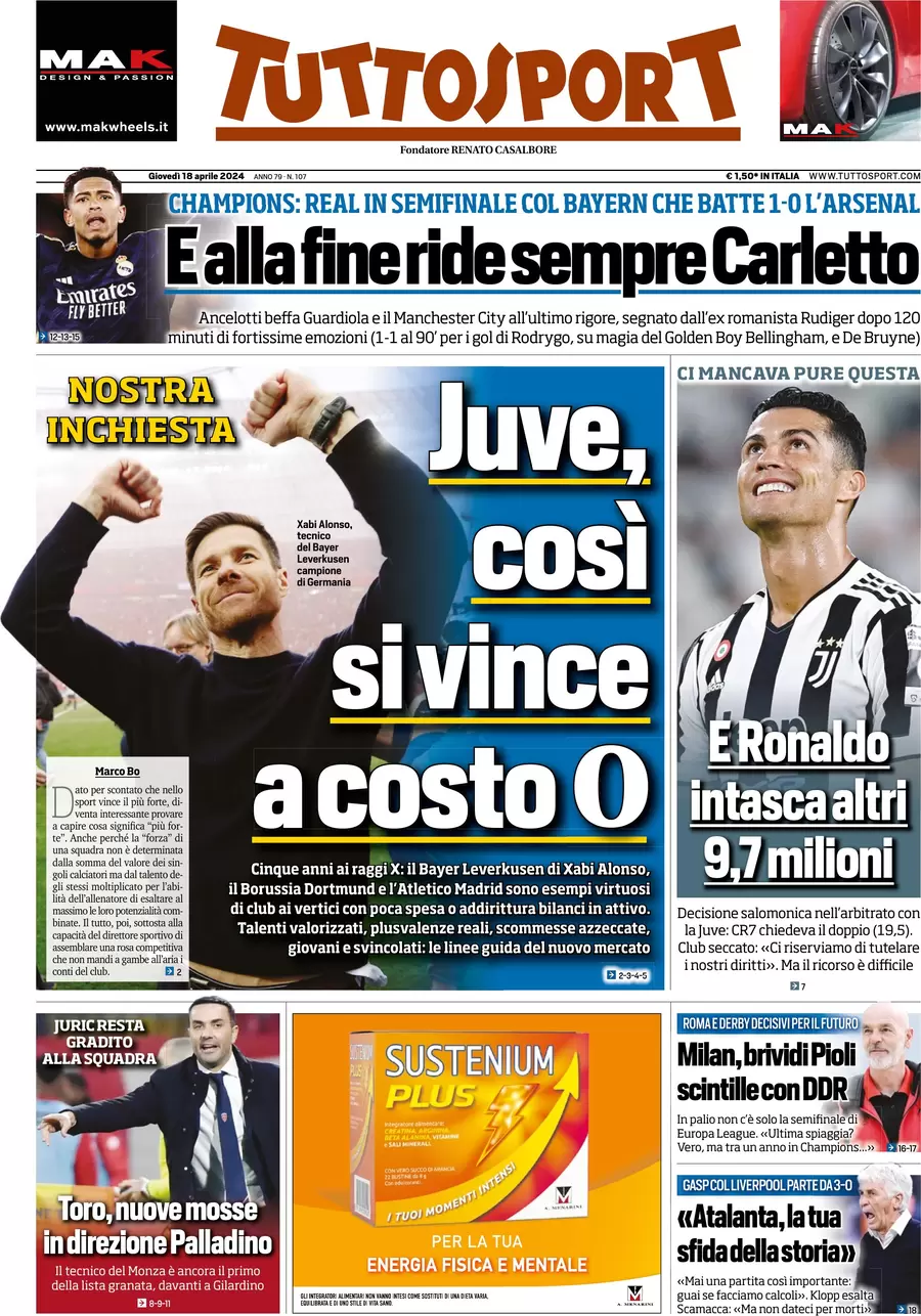 Prima pagina Tuttosport 18 aprile 2024